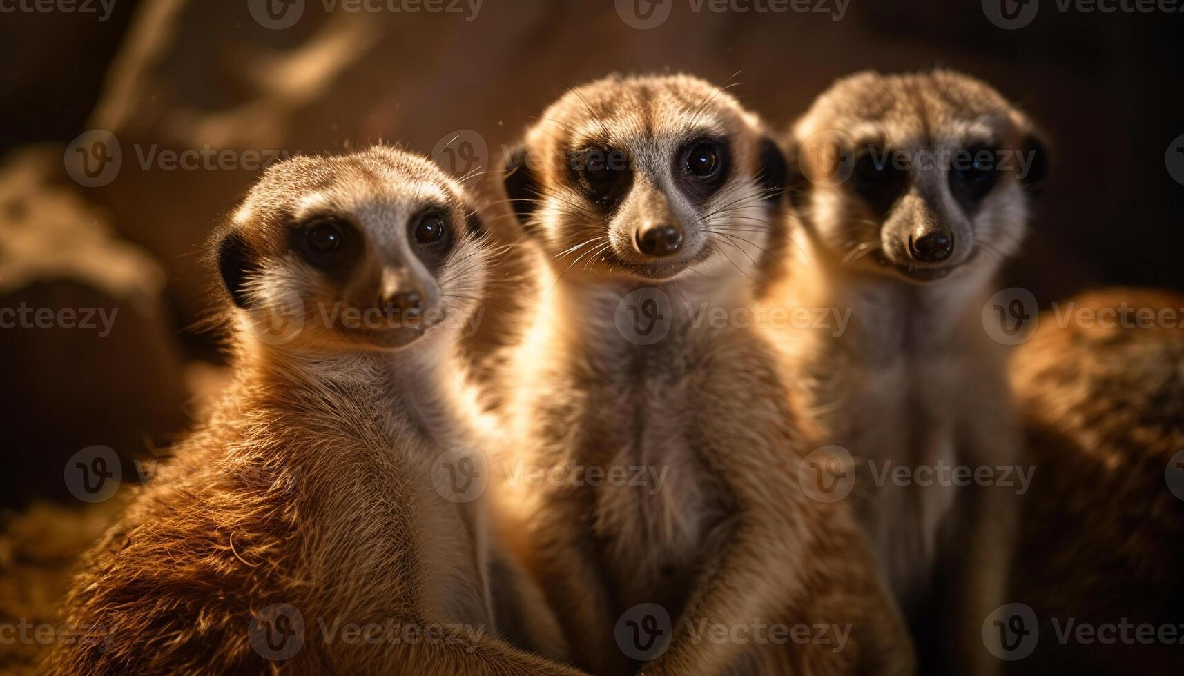 Small cute meerkat standing in a row staring generated by AI photo