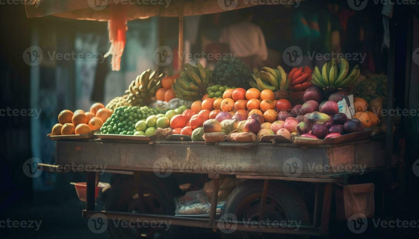 Fresh fruits and vegetables sold at market vendor generated by AI photo