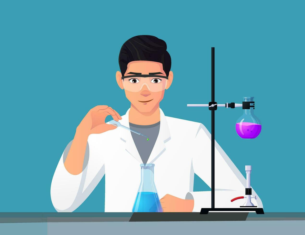 Scientist, Chemist Man Mixing Chemicals In A Lab and conducting research Vector Illustration