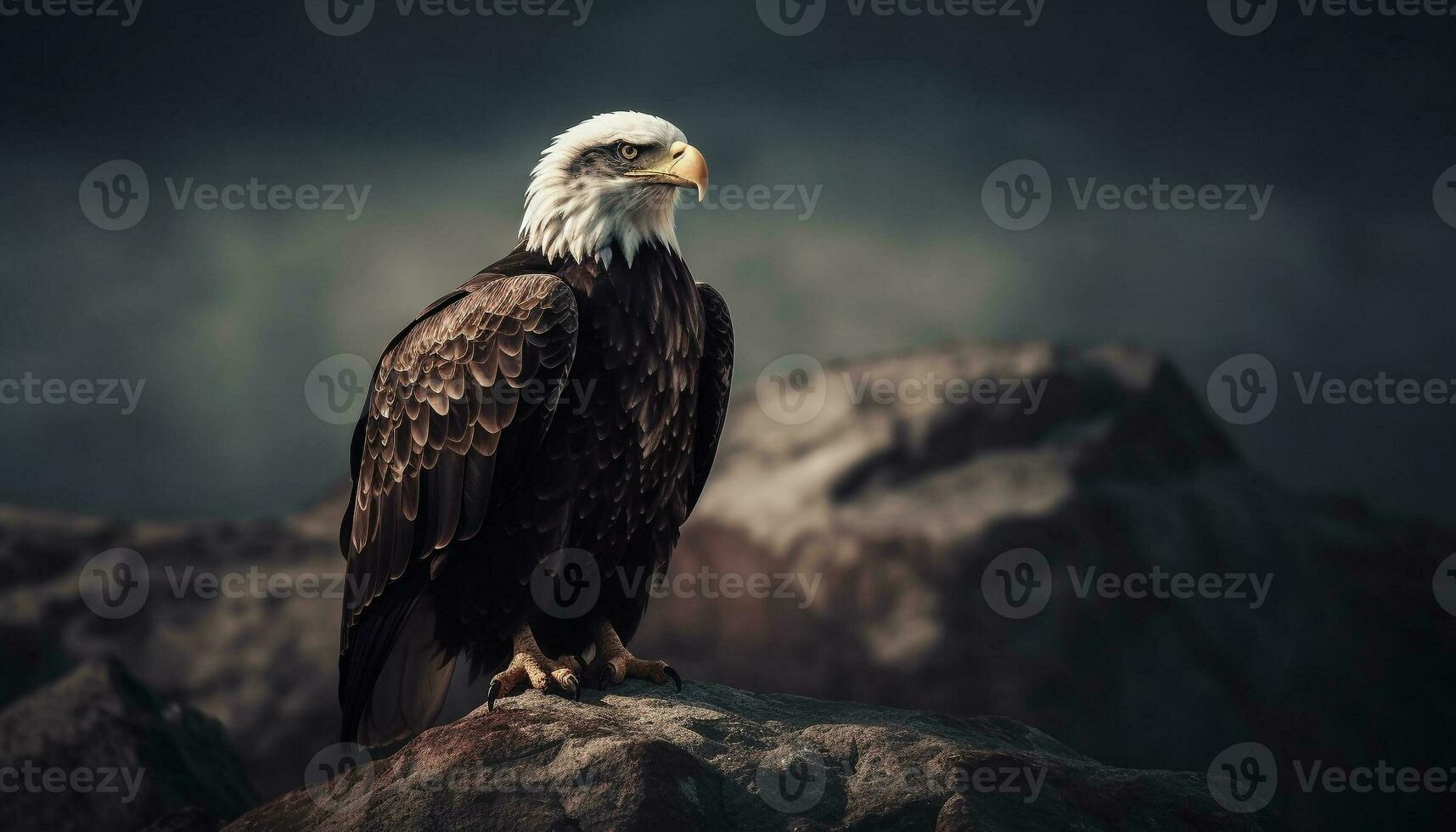 majestuoso calvo águila encaramado en rock al aire libre generado por ai foto