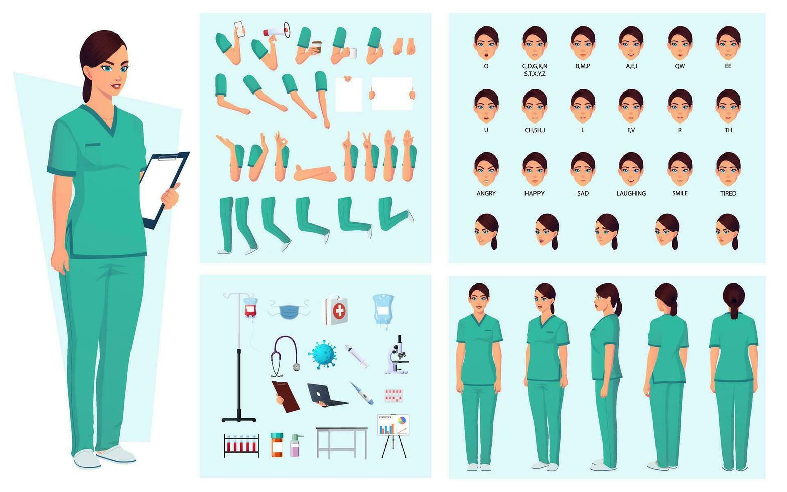 enfermero, médico mujer personaje creación paquete con gestos, cara expresiones, hospital equipo y médico suministros. vector