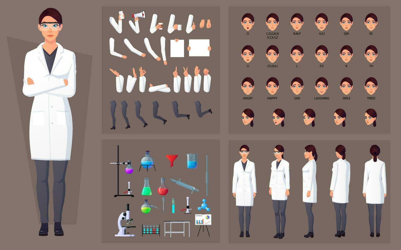 Scientist Woman Character Constructor with Face Expressions, Equipment, Gestures and Lip-Sync vector