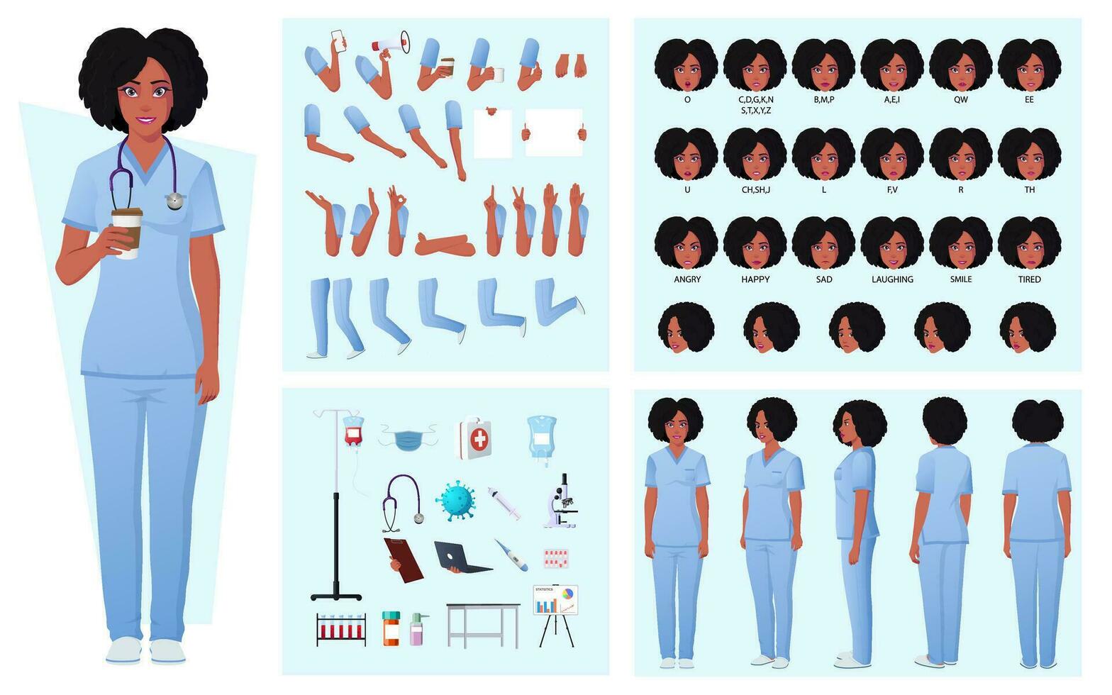 Nurse, Doctor Character Constructor with African American Woman, Face Expressions, Emotions, Hand Gestures, Poses and Medical Equipment vector