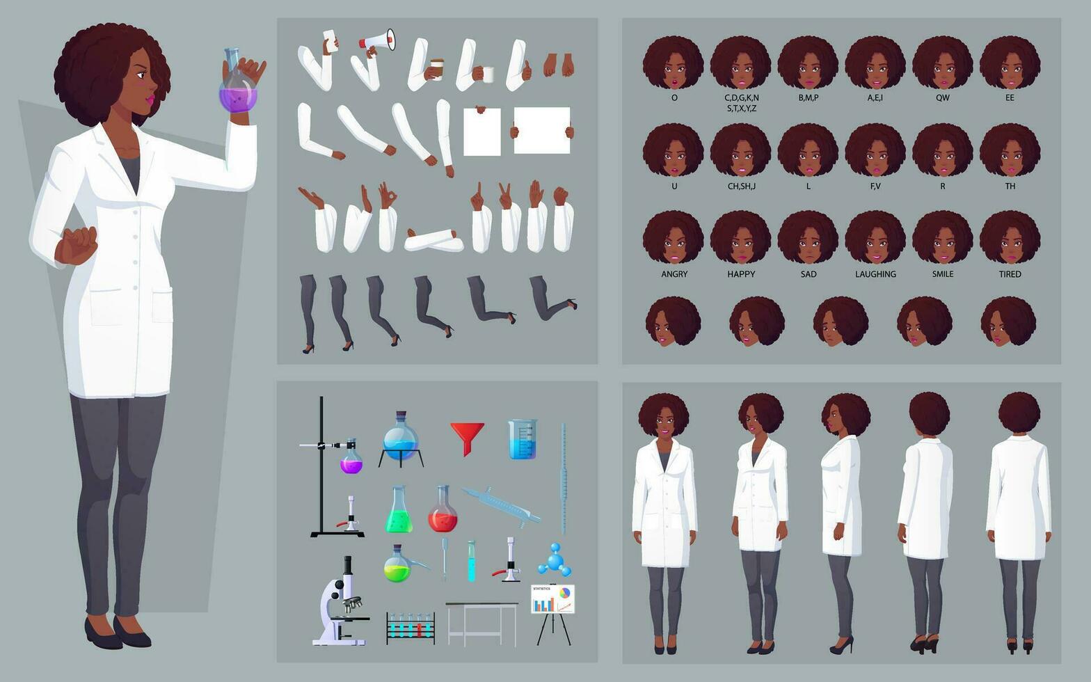 Woman Scientist Character Creation pack Chemist with Laboratory Equipment, Gestures, Poses, and Face Expressions with African American Woman Wearing White Lab Coat vector