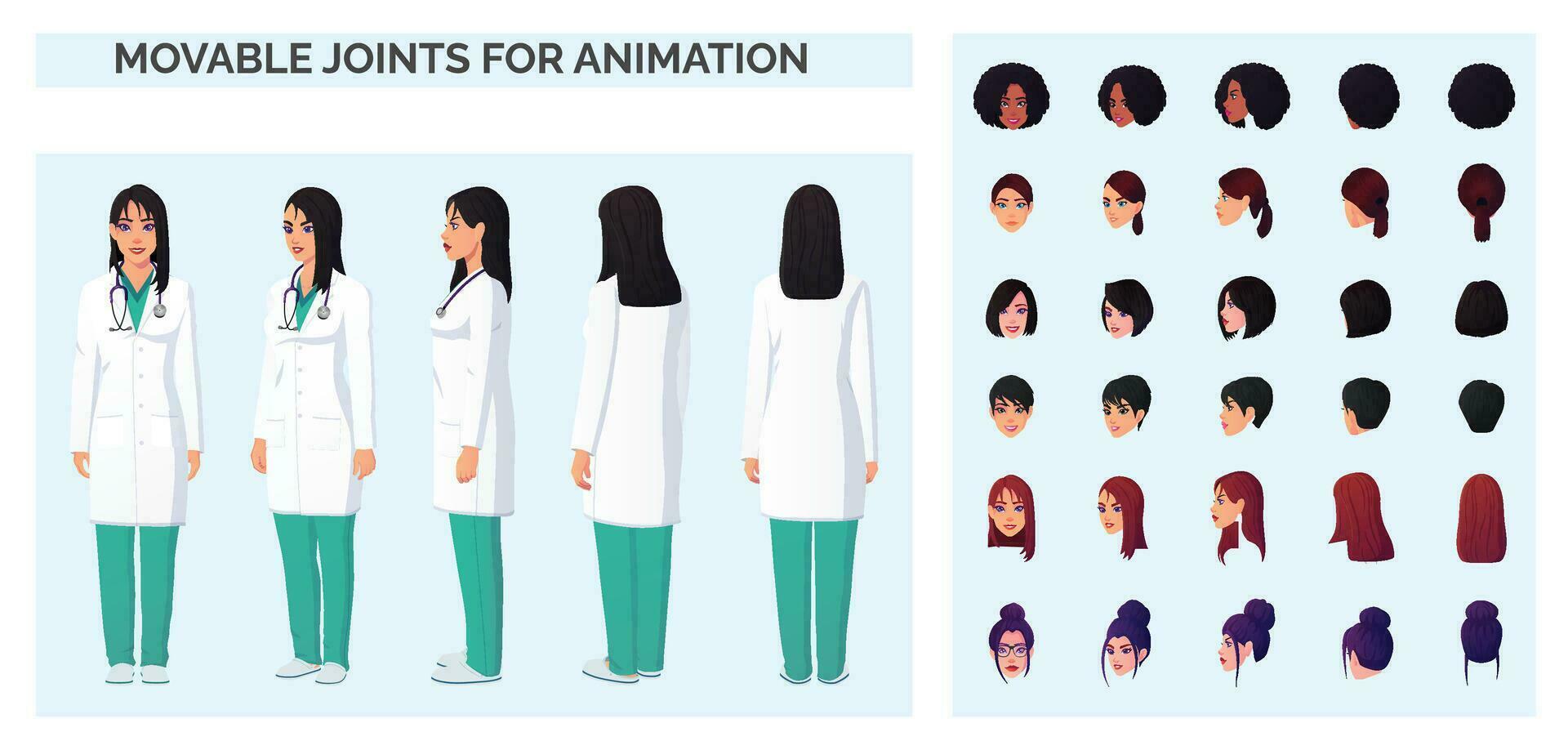 dibujos animados médico personaje creación con hembra médico vistiendo blanco laboratorio Saco frente, espalda y vista lateral con múltiple Razas y etnias vector