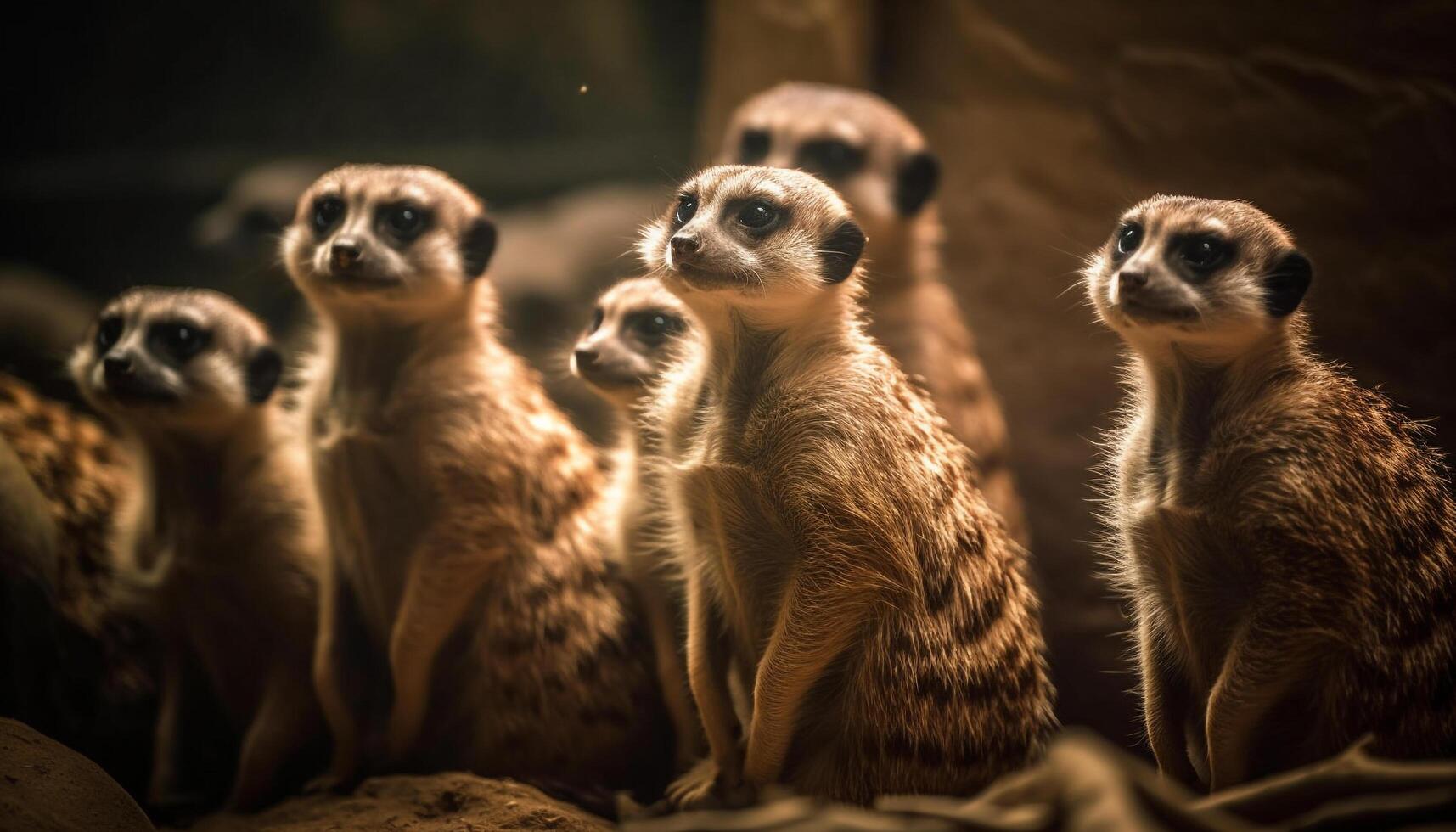 pequeño suricatas en un fila, alerta en naturaleza generado por ai foto