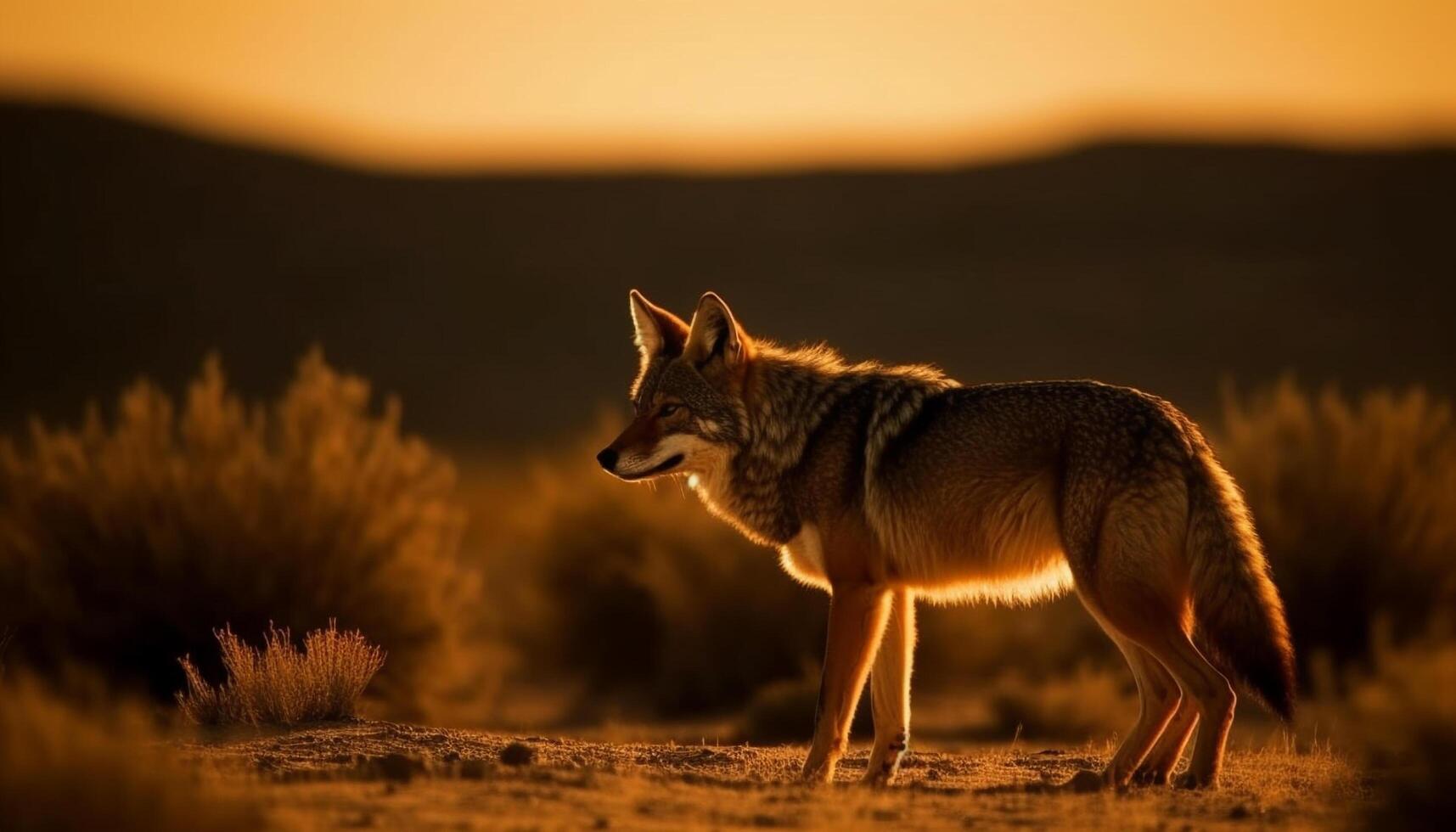 Majestic wolf standing in twilight on savannah generated by AI photo