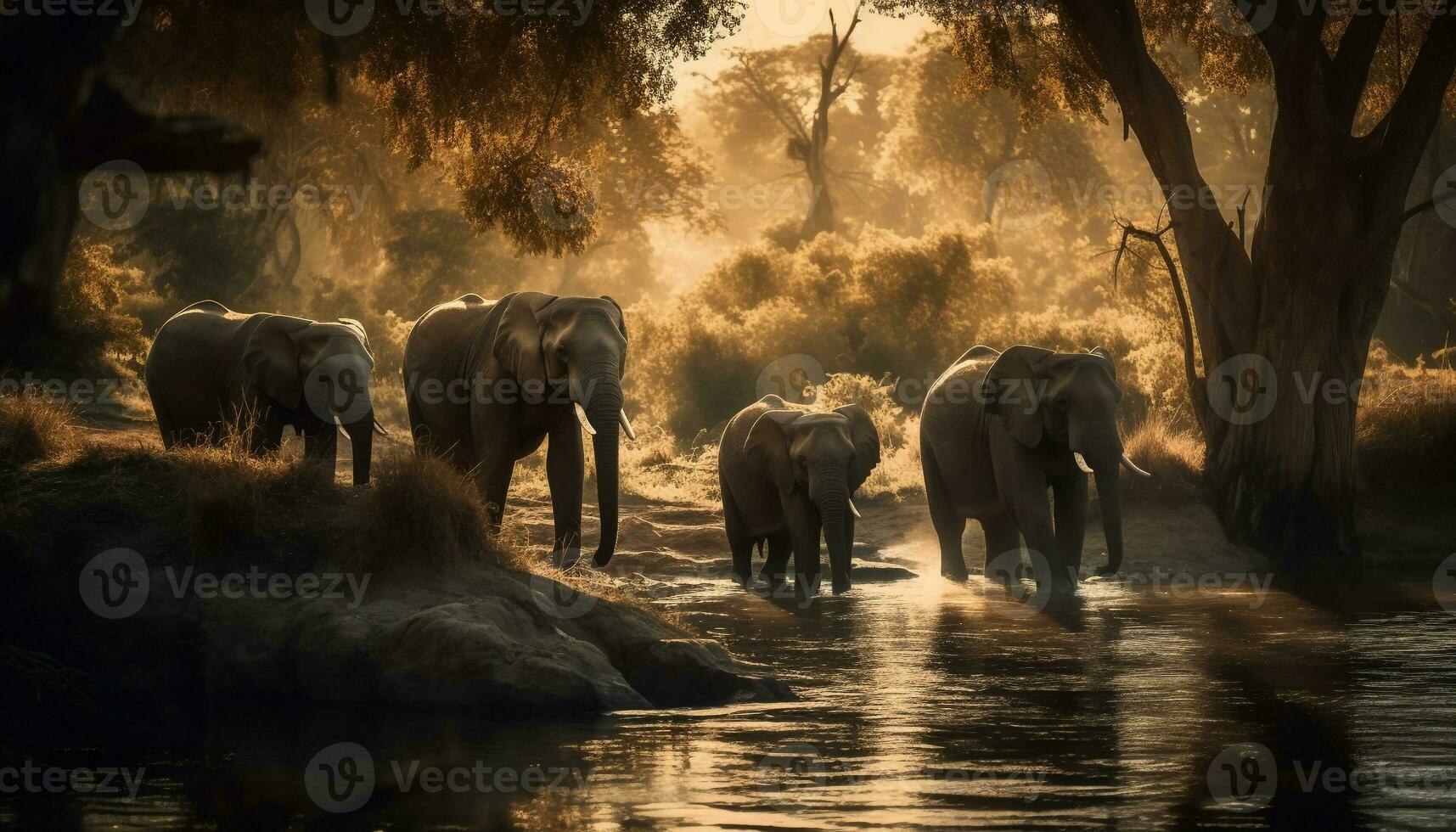 Elephants grazing in tranquil African landscape scene generated by AI photo