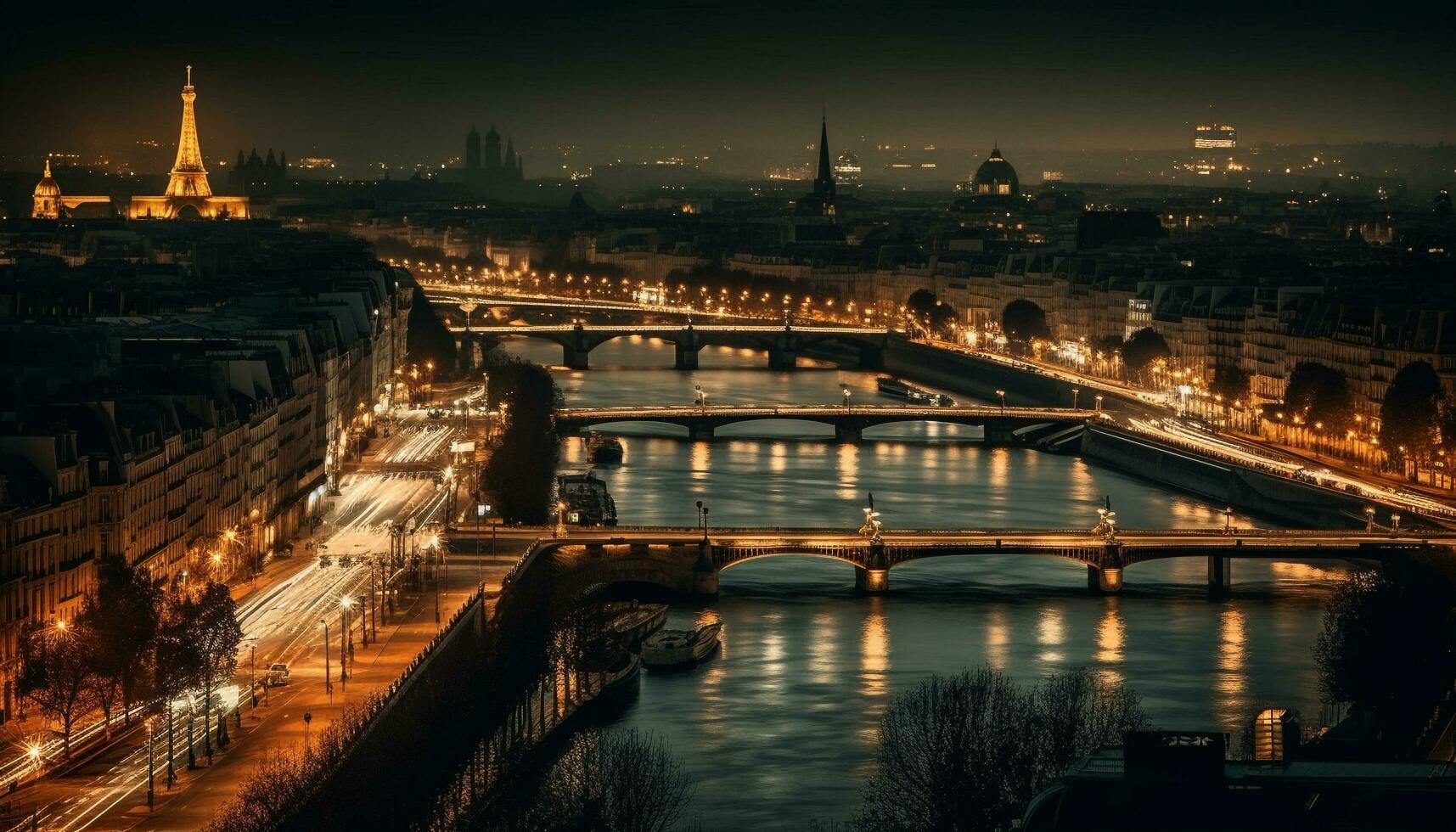 Illuminated cityscape reflects history and modernity at twilight generated by AI photo