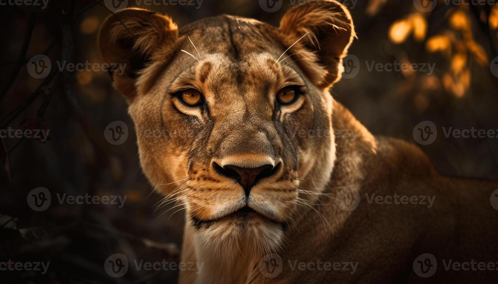 Majestic lioness staring, alert in the wilderness generated by AI photo