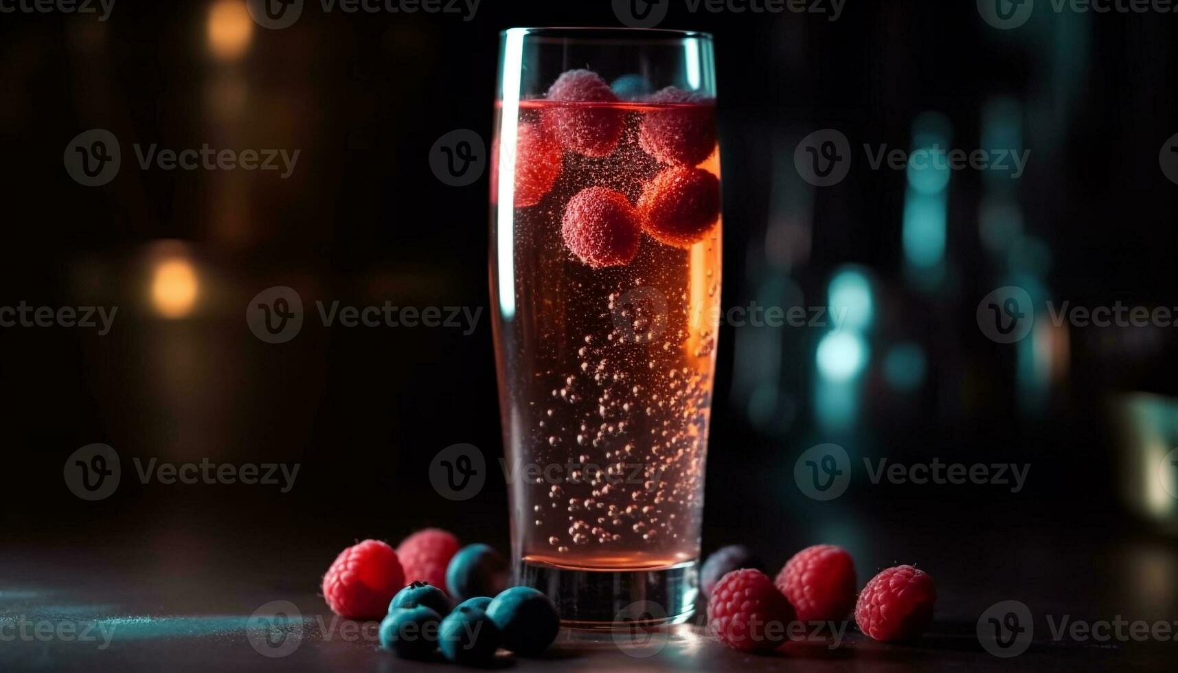 Raspberry cocktail on wooden table with ice generated by AI photo