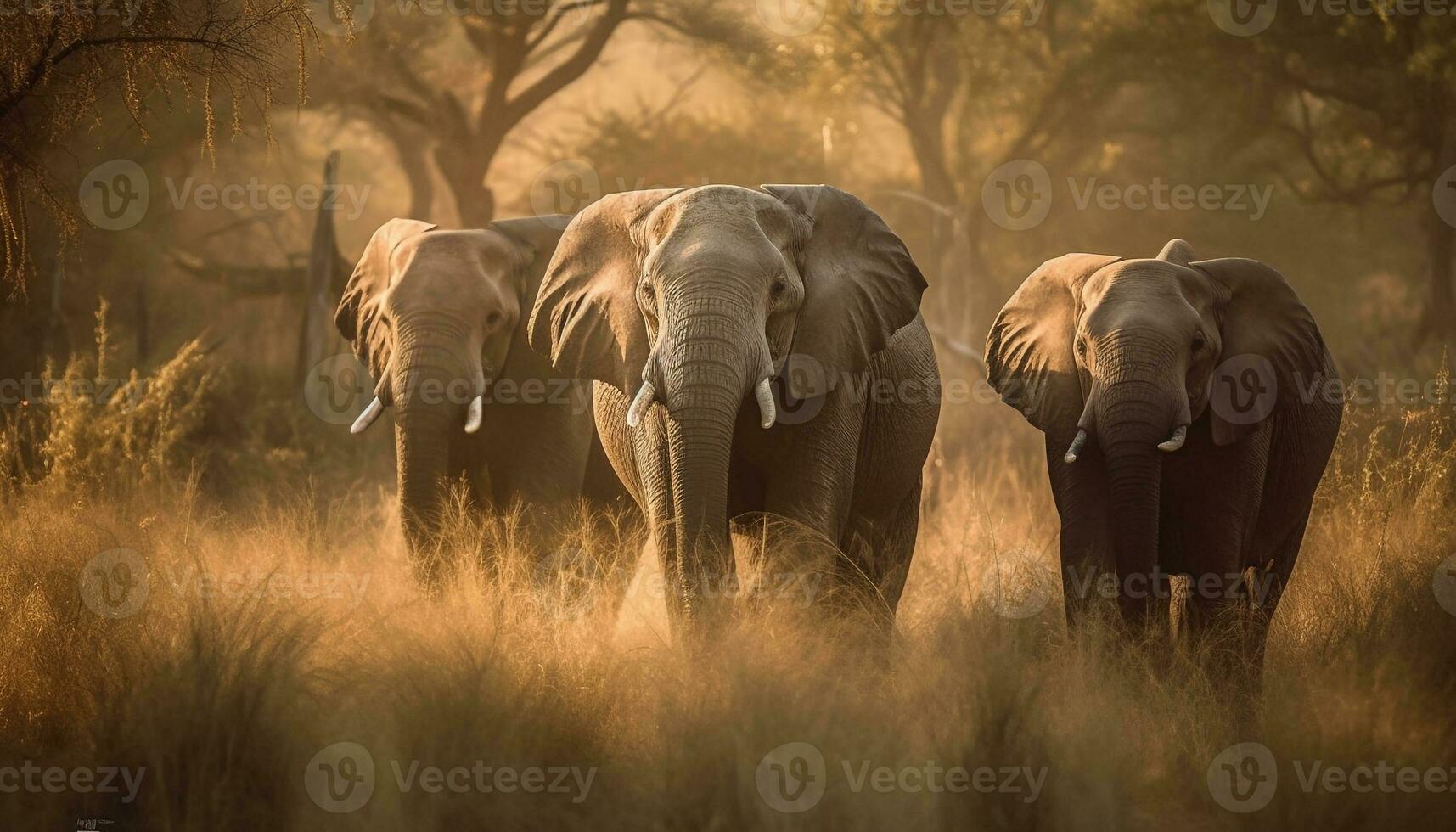 Large herd of African elephants walking at dawn generated by AI photo