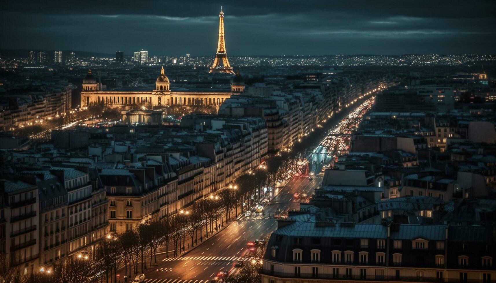 Illuminated city skyline, famous landmarks, bustling nightlife generated by AI photo
