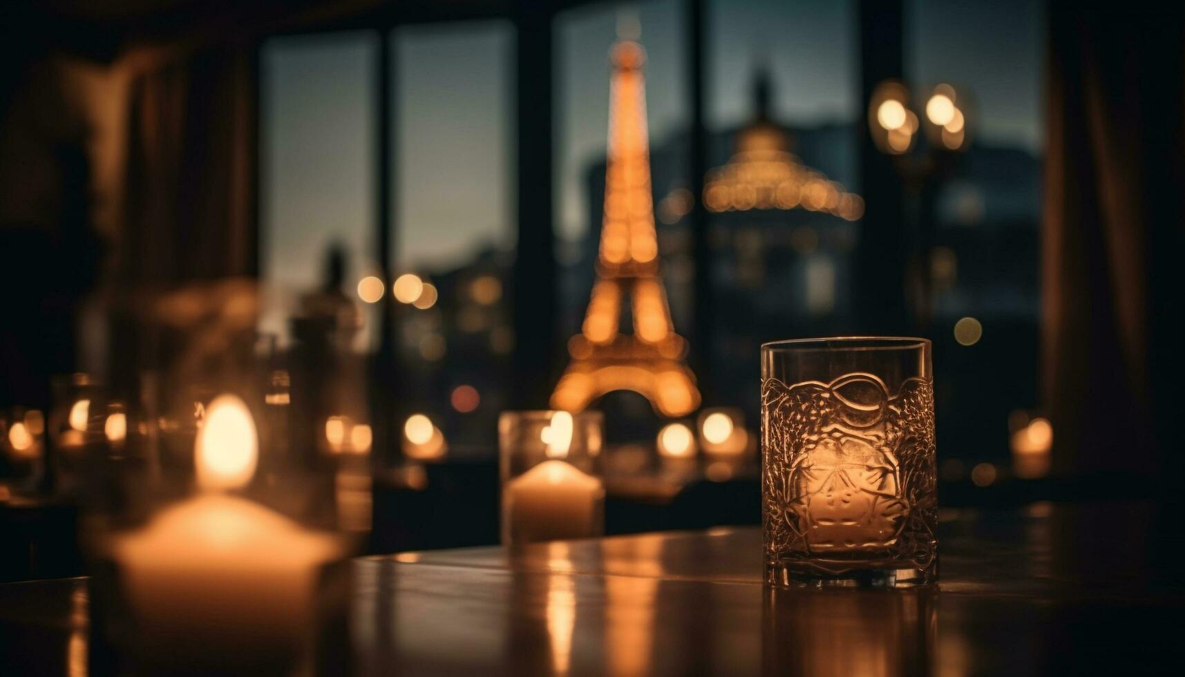 Candlelight illuminates table, glass, and burning flame generated by AI photo