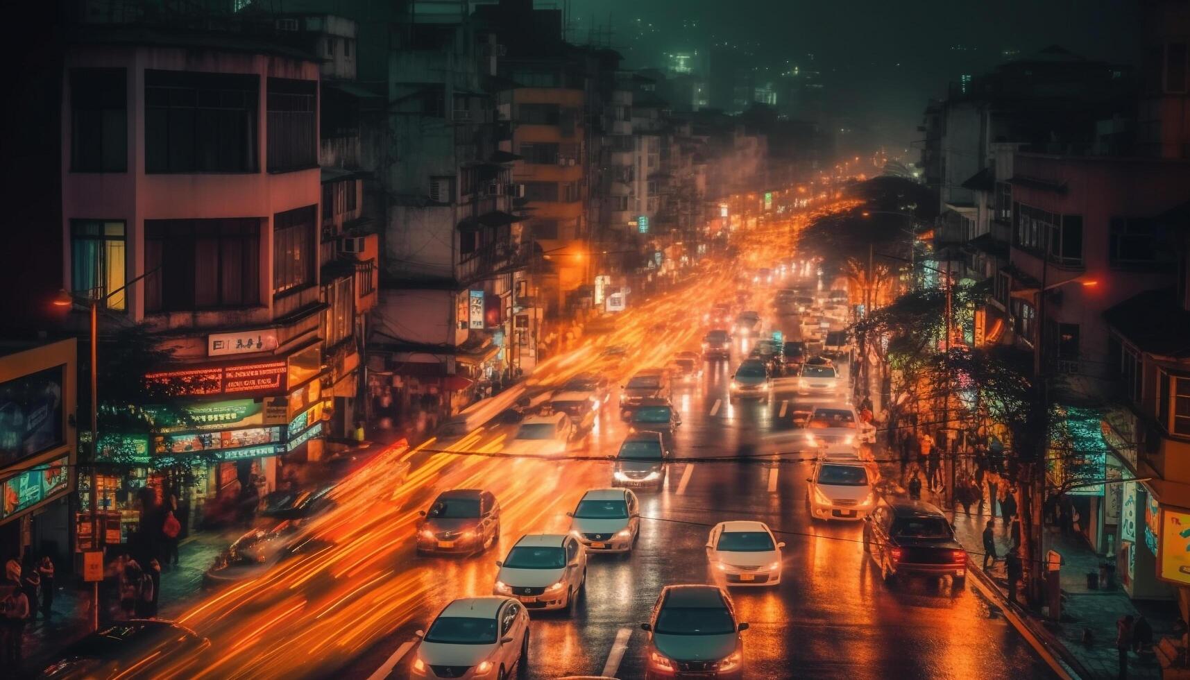 Illuminated city skyline, traffic jam, bustling nightlife generated by AI photo