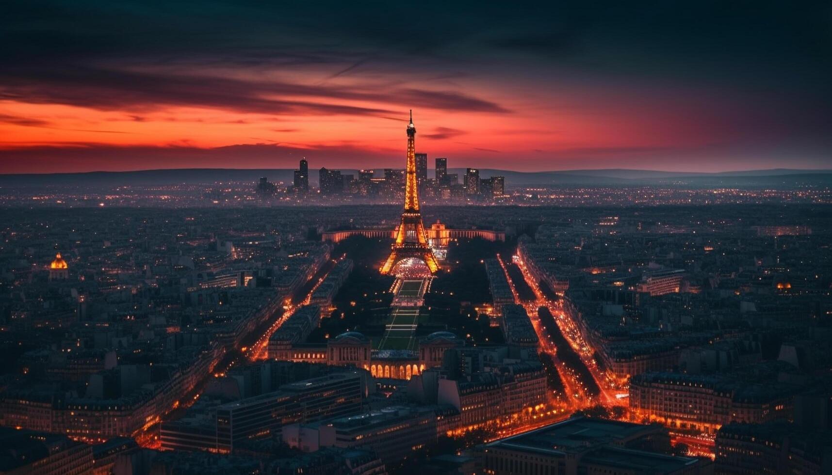 Illuminated city skyline at dusk, modern architecture generated by AI photo