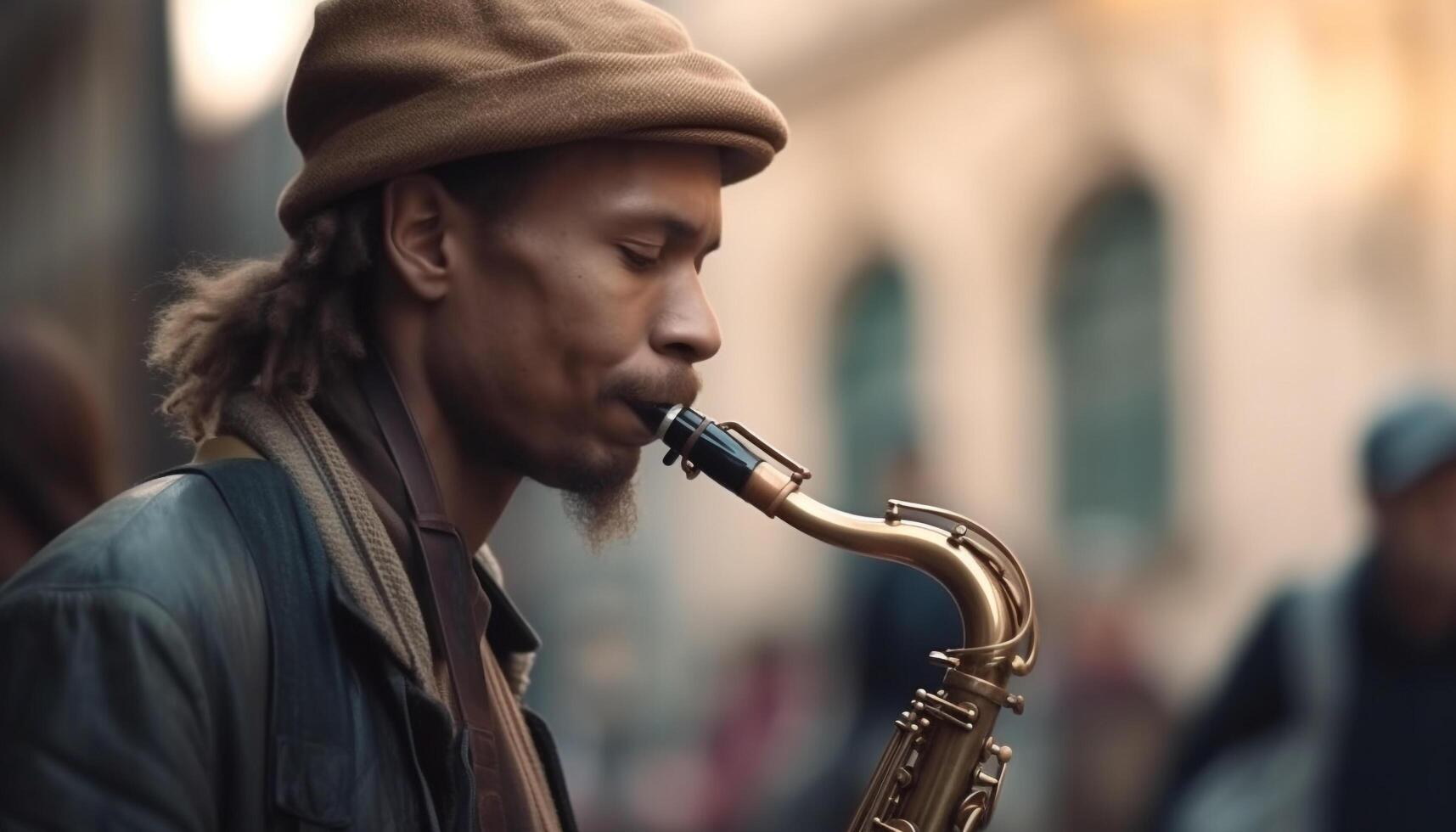 joven músico soplo saxofón, concentrando en actuación generado por ai foto