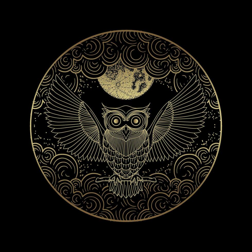 Golden Owl in Moonlight Enchanting Line Art with Clouds vector