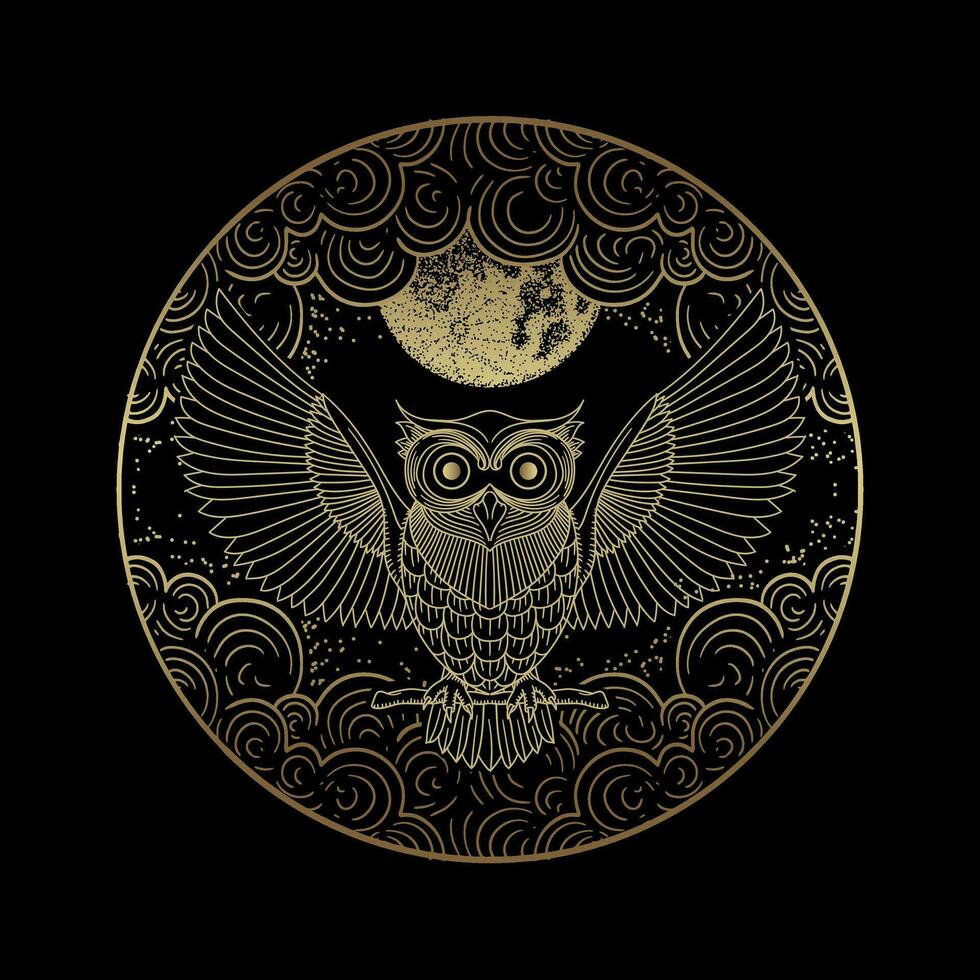 Golden Owl in Moonlight Enchanting Line Art with Clouds vector