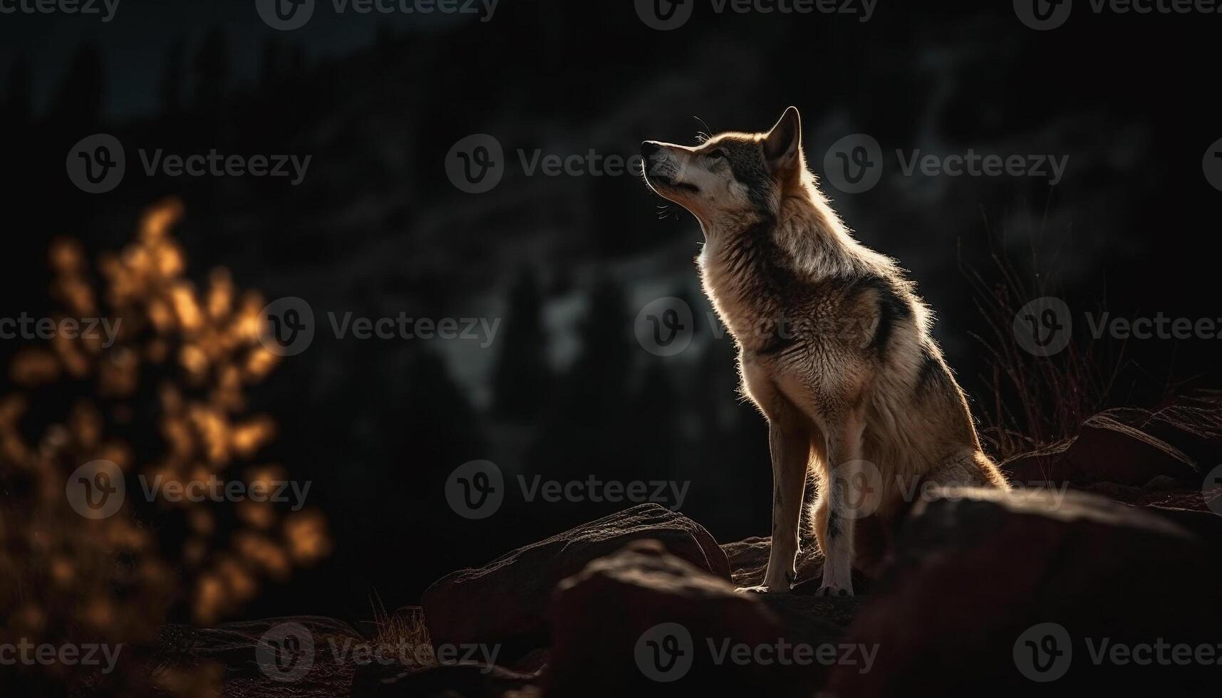 joven lobo sentado en invierno bosque noche generado por ai foto