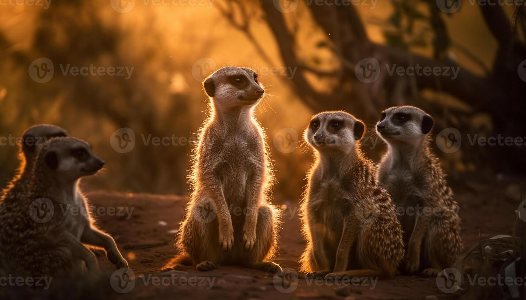 Small meerkats sitting in a row, alertly watching generated by AI photo