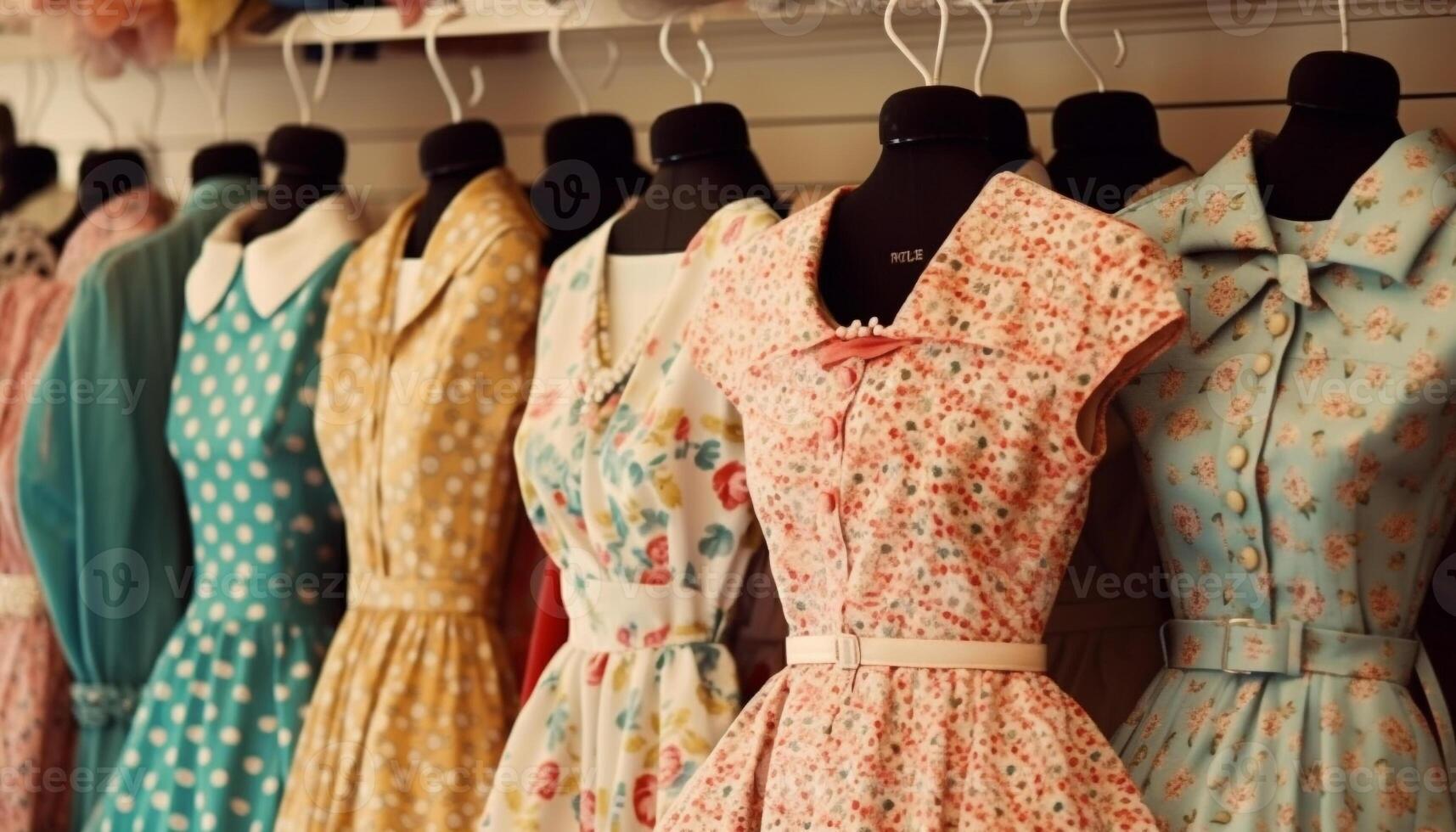 Fashionable clothing collection in modern clothing store generated by AI photo