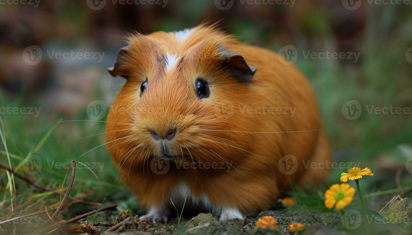 Fluffy guinea pig sitting in green grass generated by AI photo