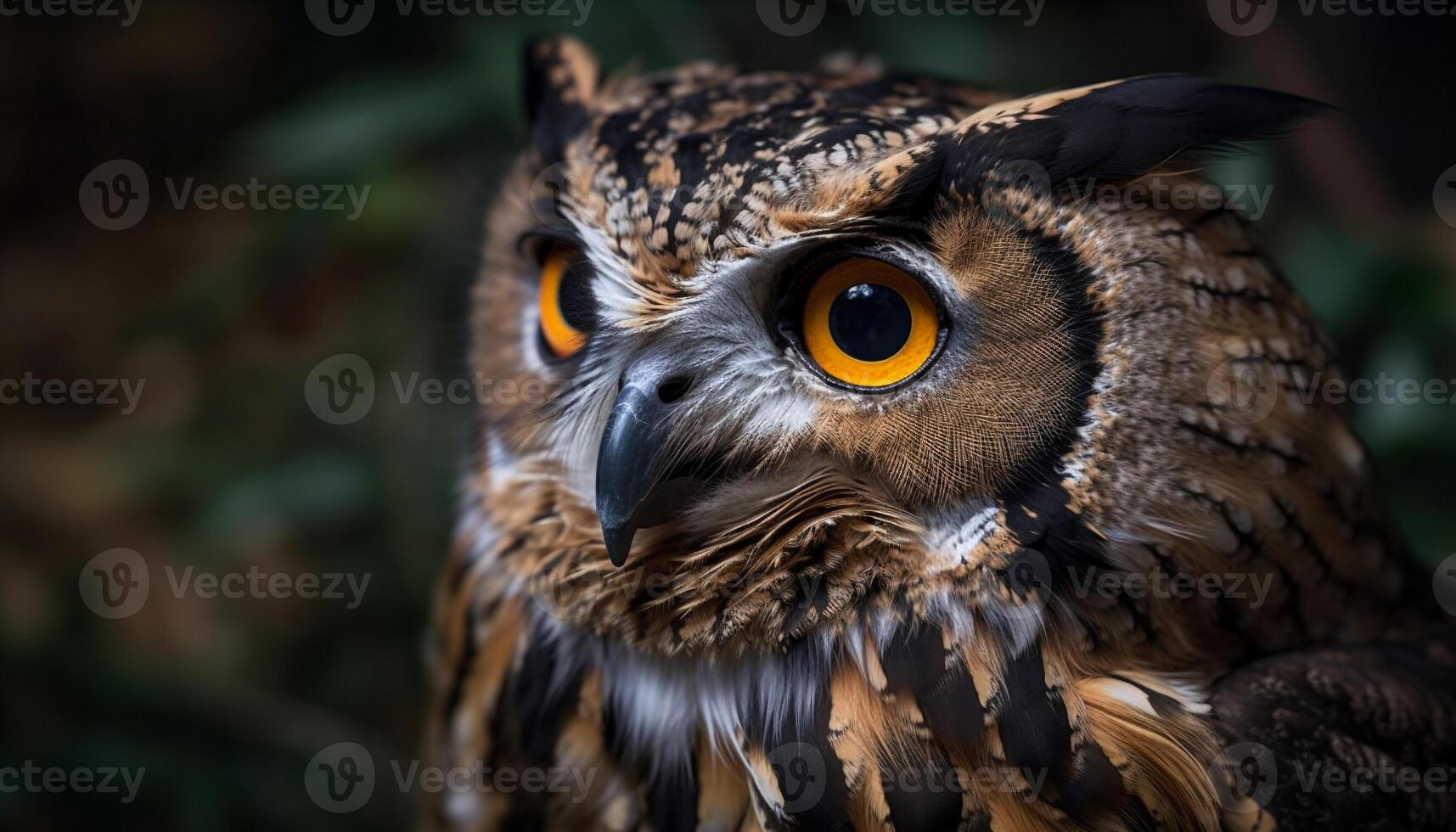 Great horned owl staring, wisdom in eyes generated by AI photo