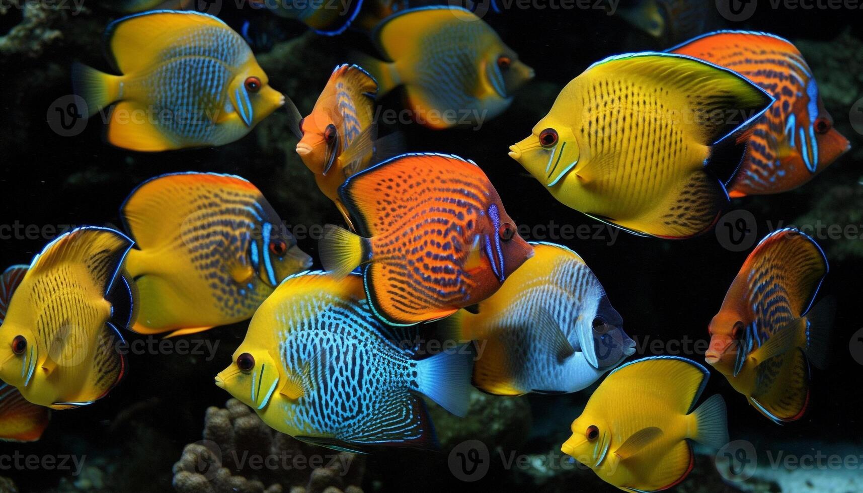 Multi colored school of fish swim in reef generated by AI photo