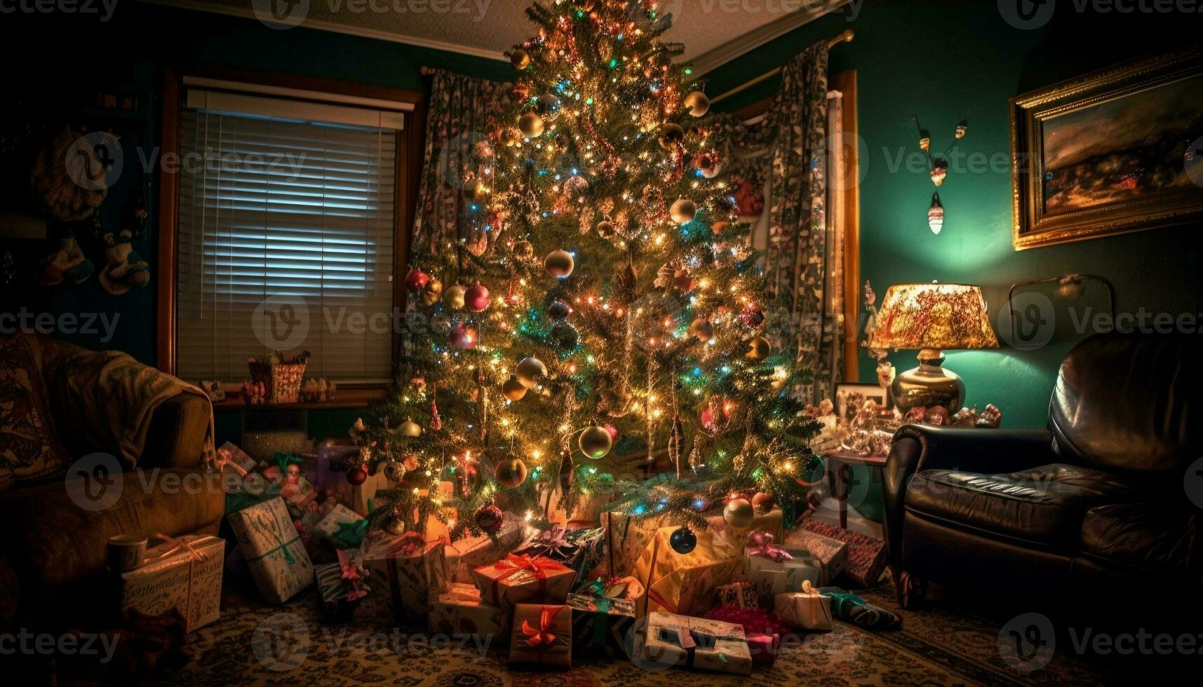 familia celebra invierno con brillante Navidad decoración generado por ai foto