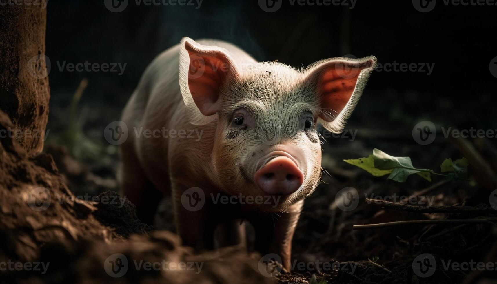 linda cerdito pasto en lodoso rural prado generado por ai foto