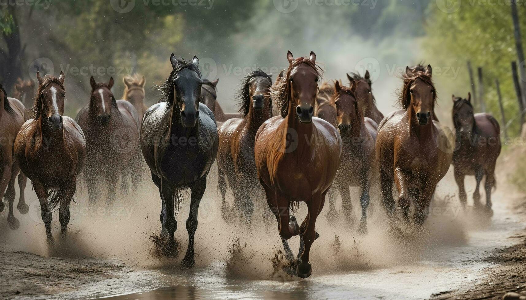 Running herd of horses graze in meadow generated by AI photo