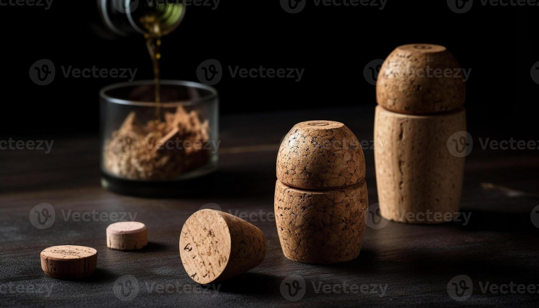 Stacked wine bottles on rustic wooden table generated by AI photo