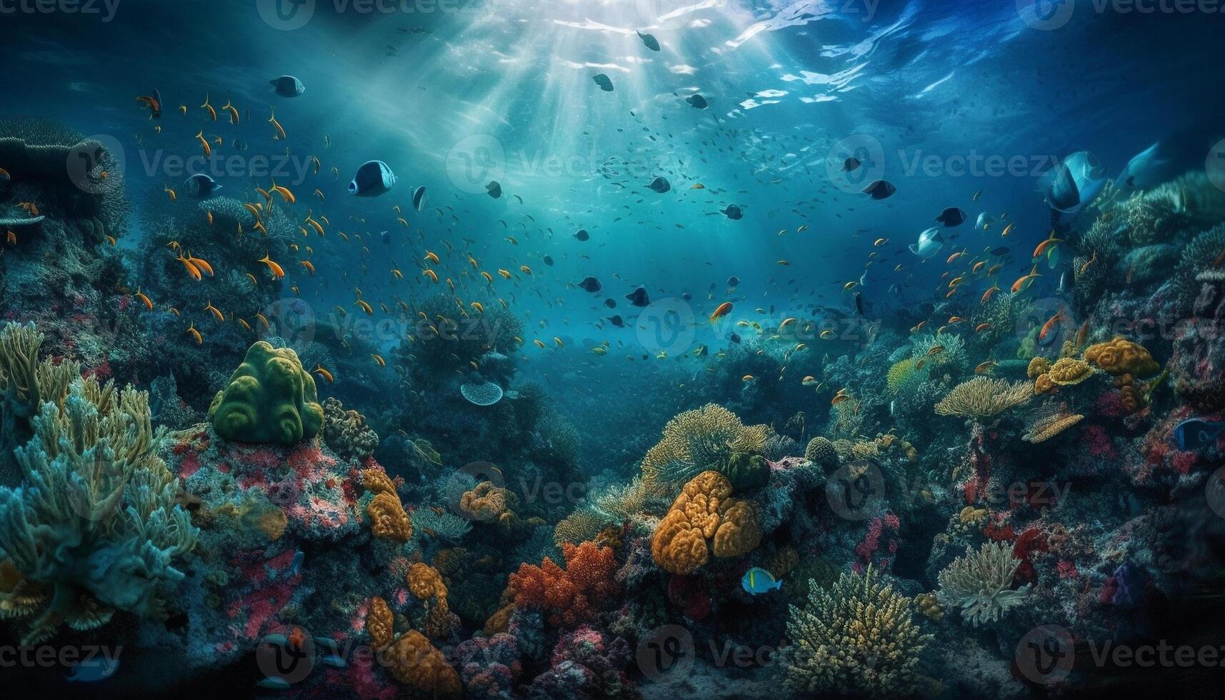 Multi colored fish swim in tropical coral reef generated by AI photo