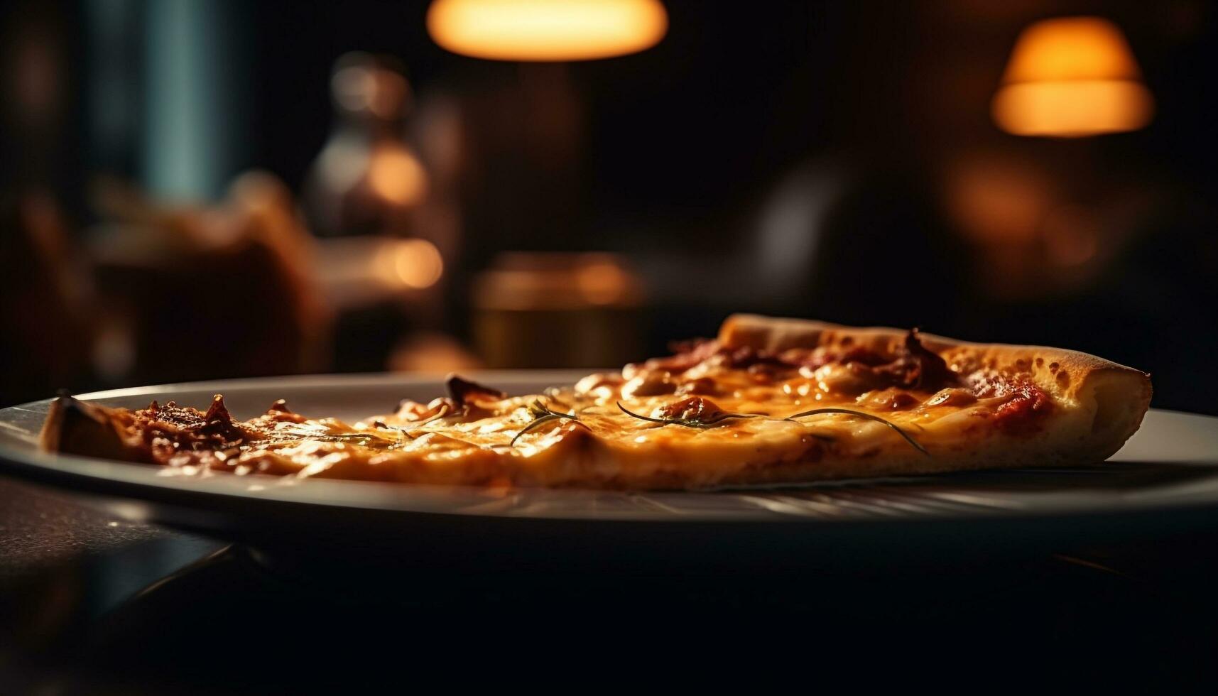 Close up of homemade baked pizza on table generated by AI photo