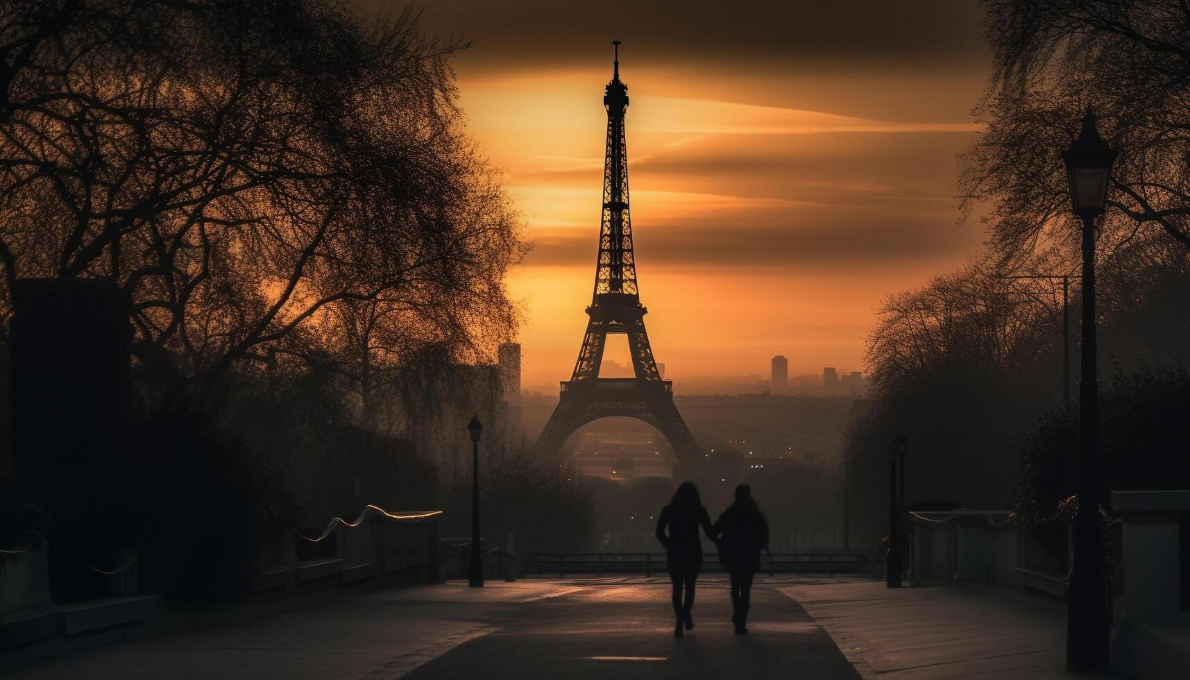 Silhouette of tourists walking across illuminated bridge generated by AI photo