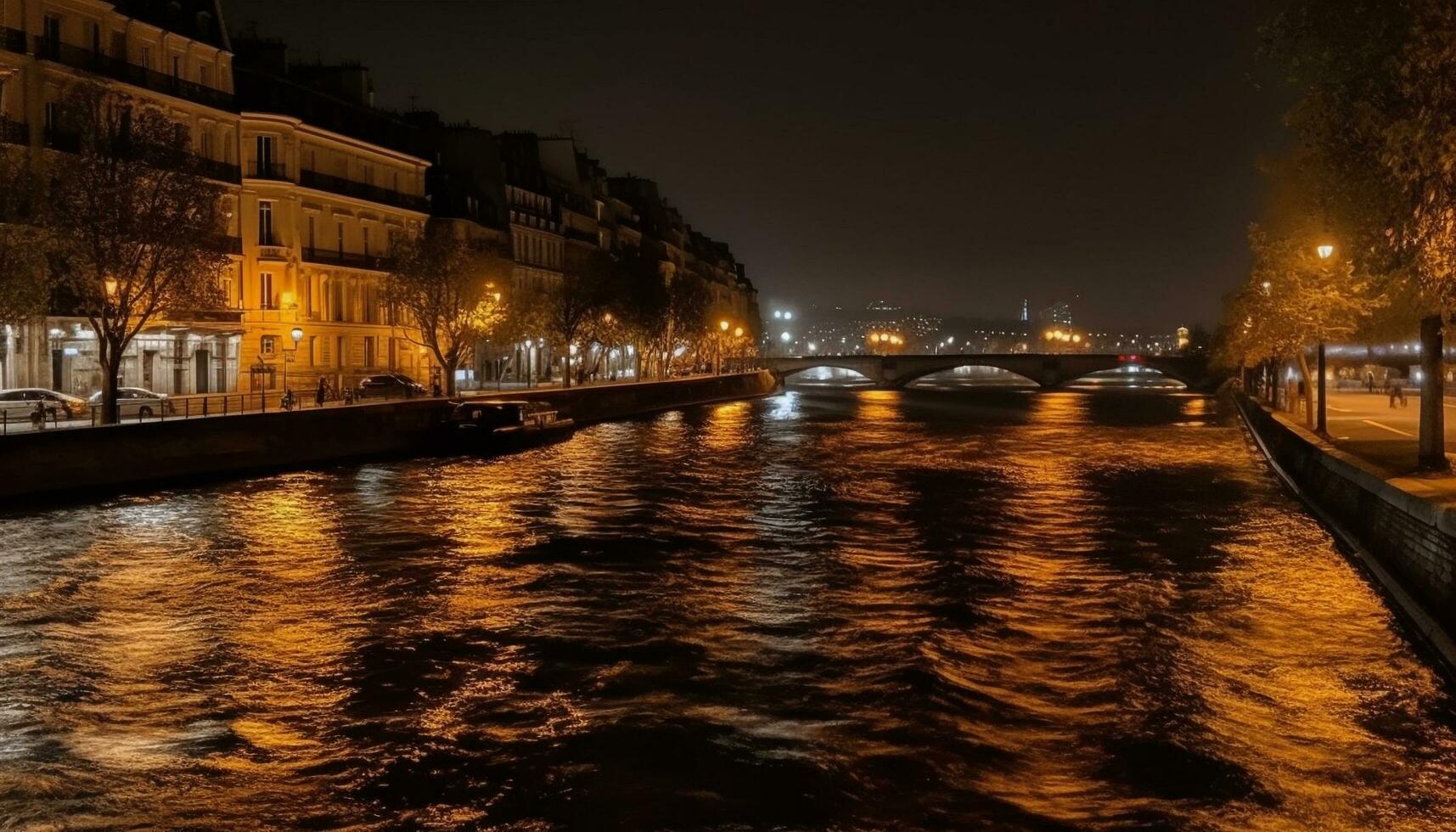 Illuminated cityscape reflects on water at dusk generated by AI photo