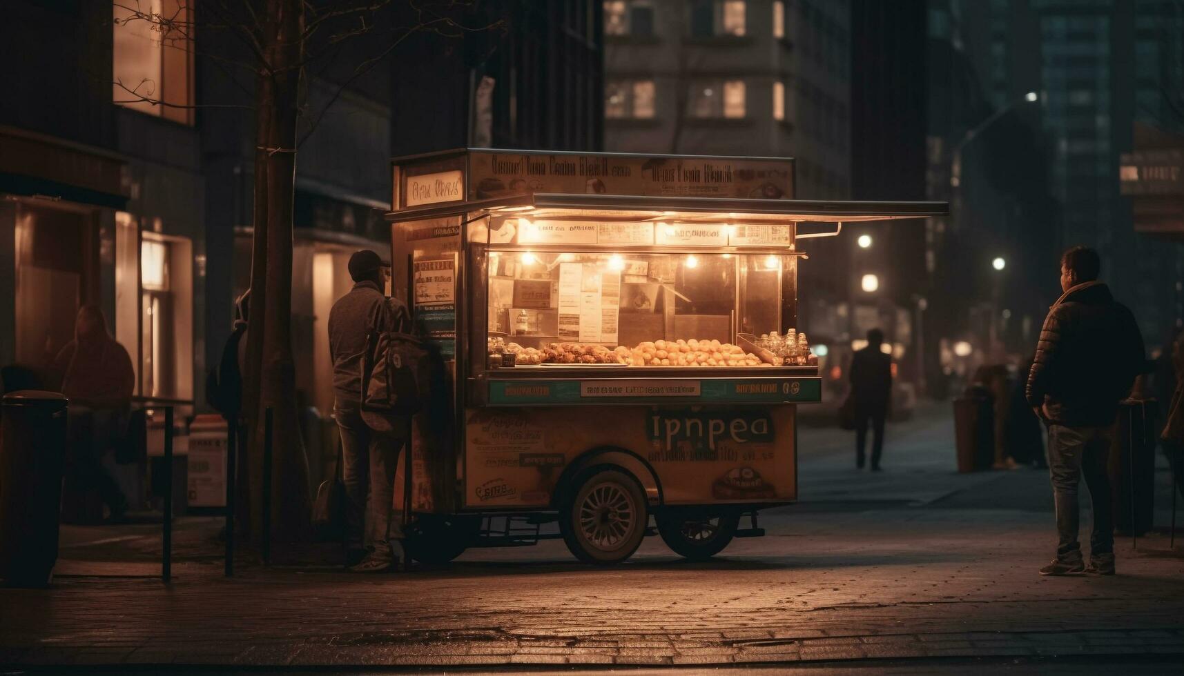 Nighttime street food vendors sell Chinese barbecue generated by AI photo