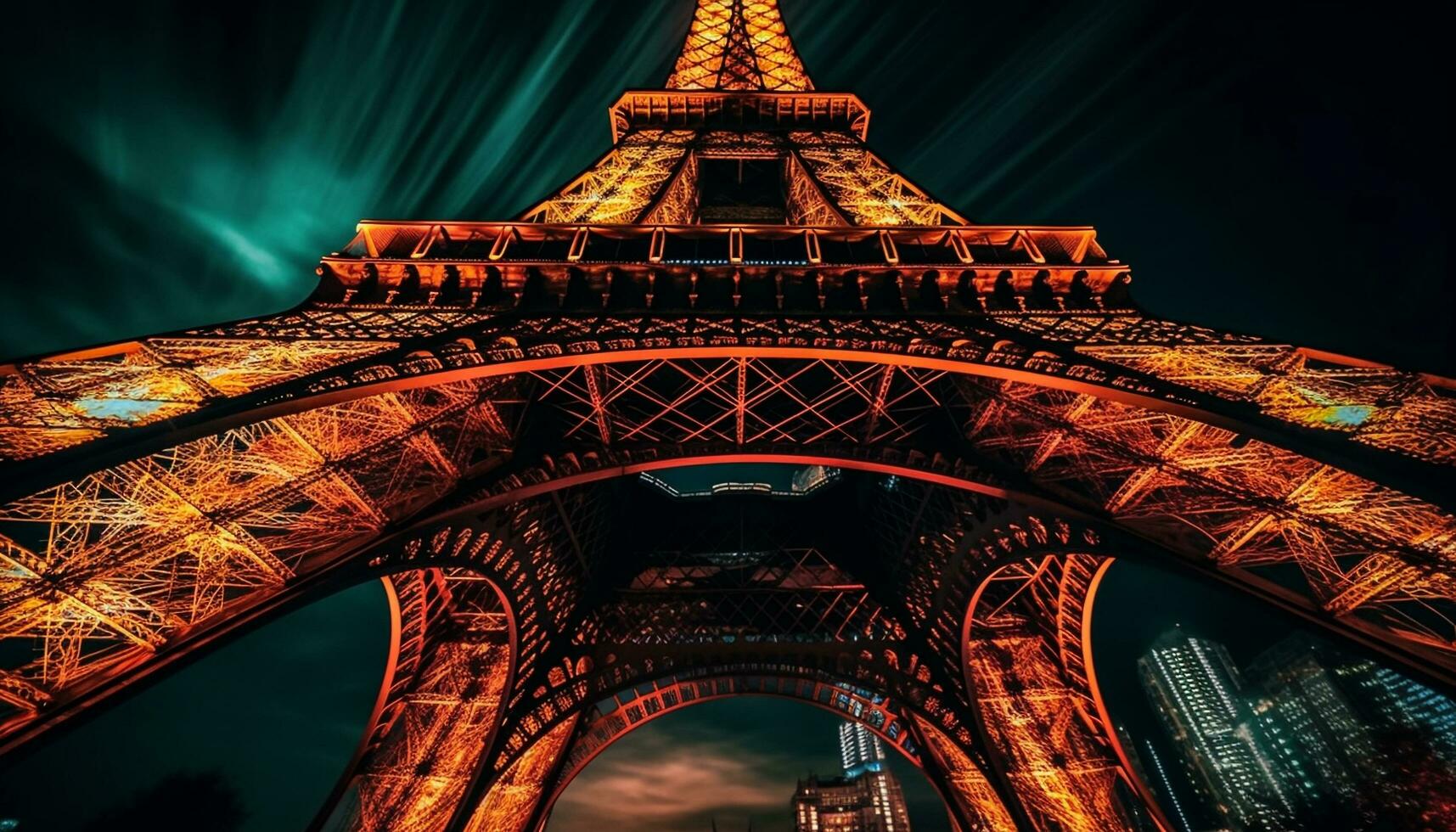 Illuminated architecture, majestic skyscrapers, multi colored light trails generated by AI photo