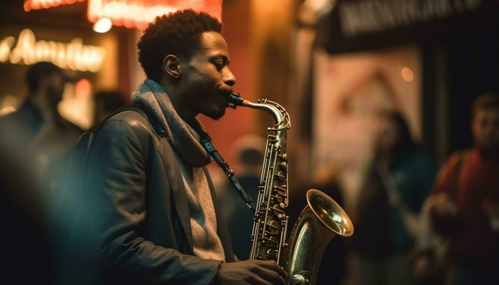 Young saxophonist blowing blues on stage outdoors at night generated by AI photo