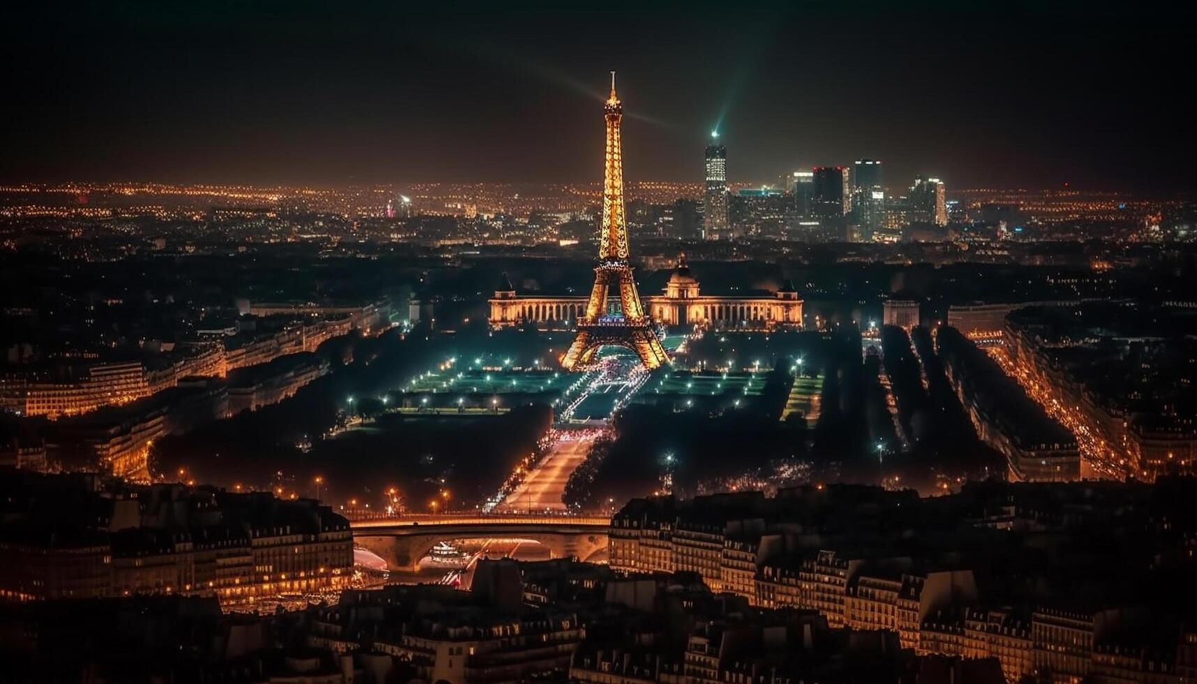 Illuminated city skyline at dusk, traffic trails glow generated by AI photo