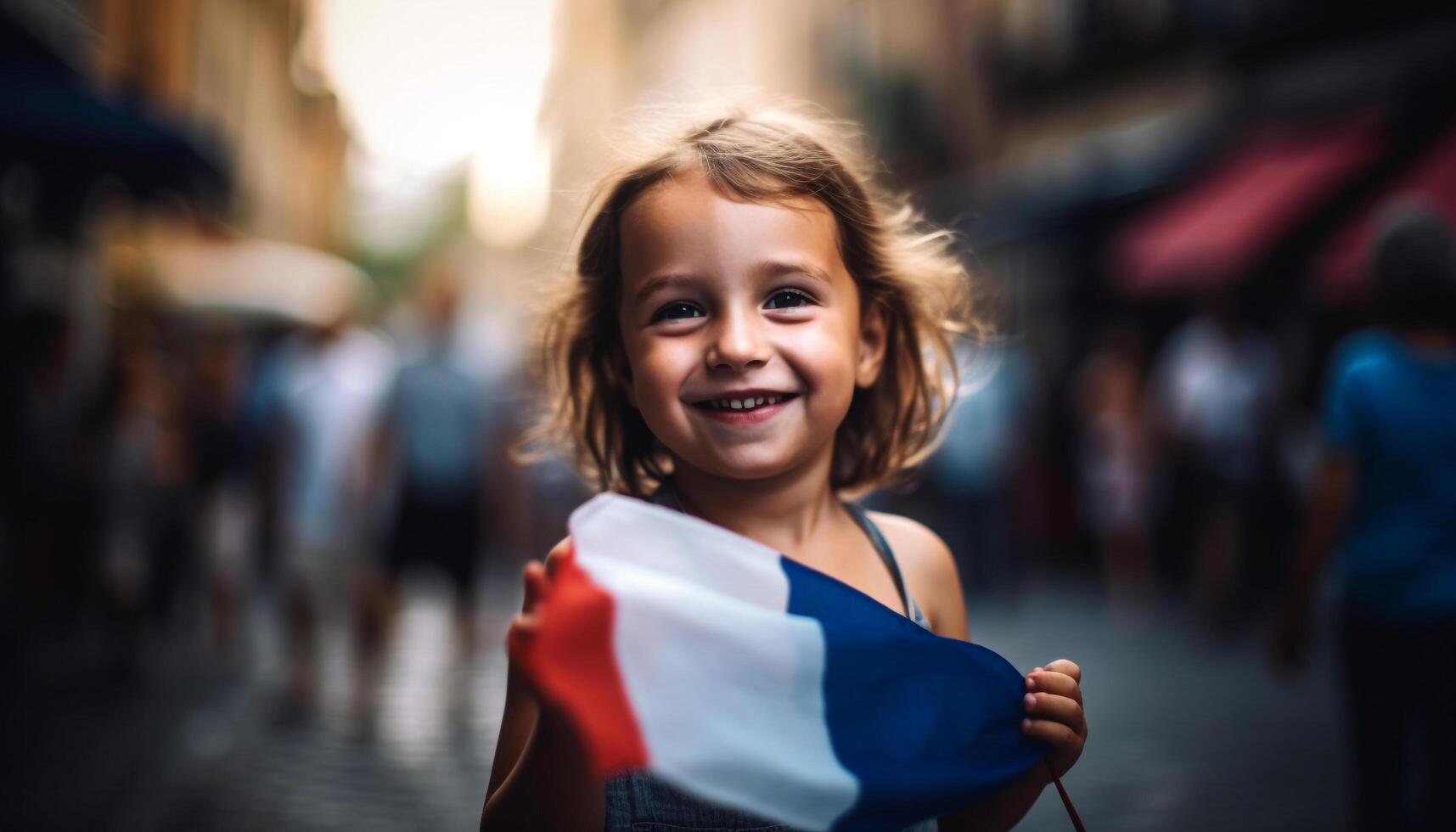 Smiling girl shows patriotism with American flag generated by AI photo