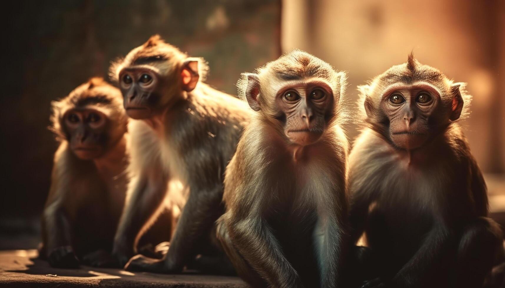 Small cute macaque family sitting in forest generated by AI photo