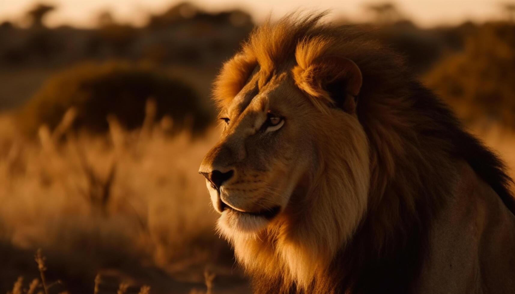 majestuoso leona en el africano desierto puesta de sol generado por ai foto