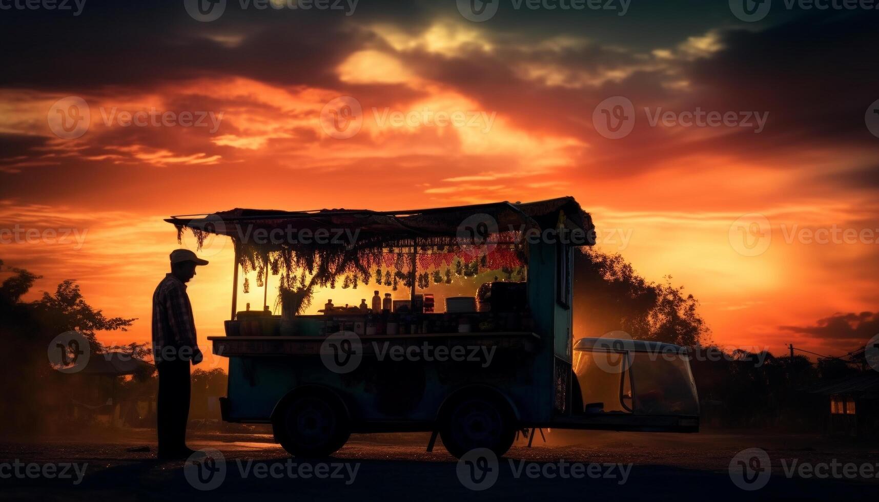 Silhouette of men eating, orange sky backlit generated by AI photo