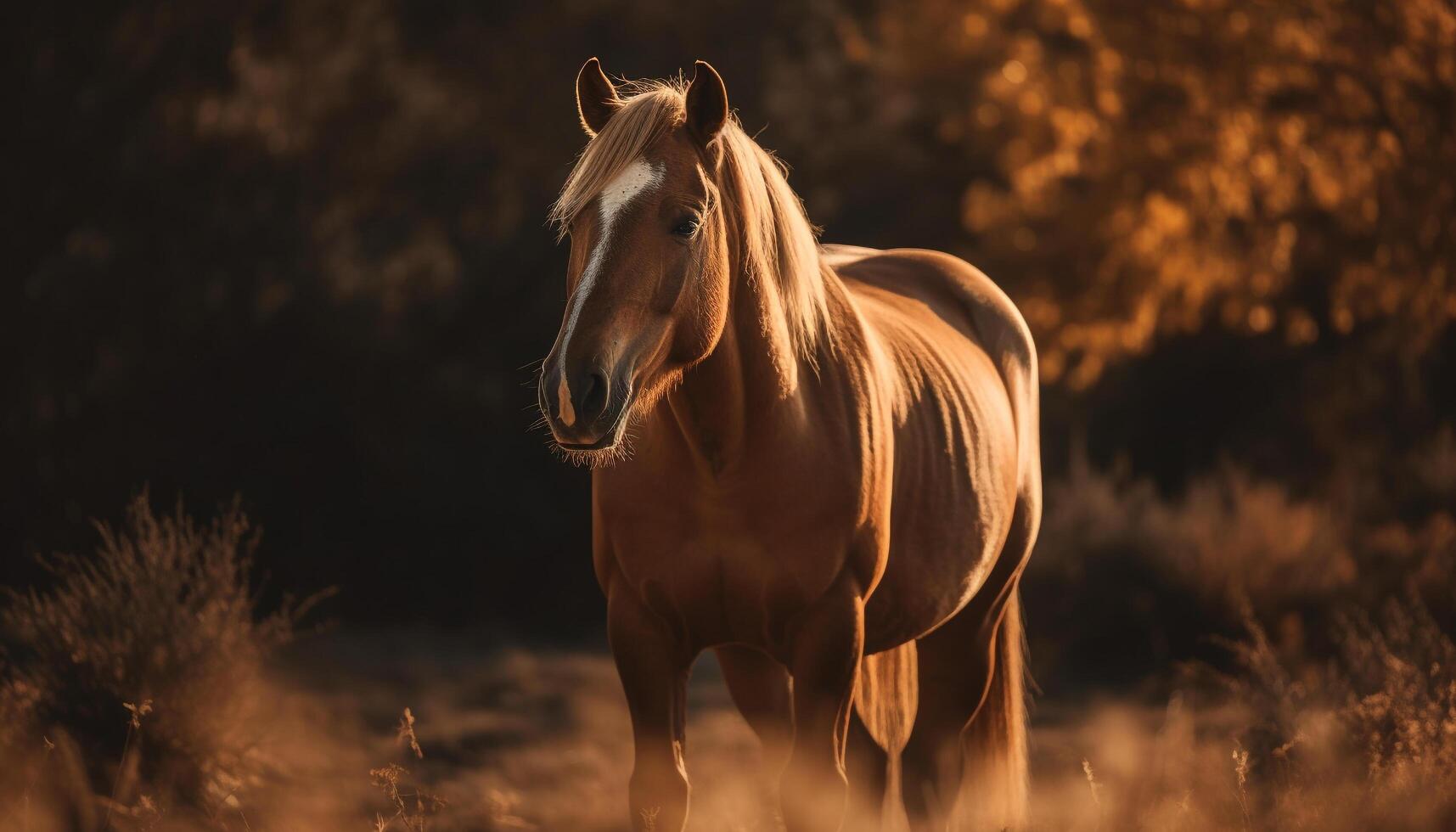 Stallion grazes in tranquil meadow at sunset generated by AI photo