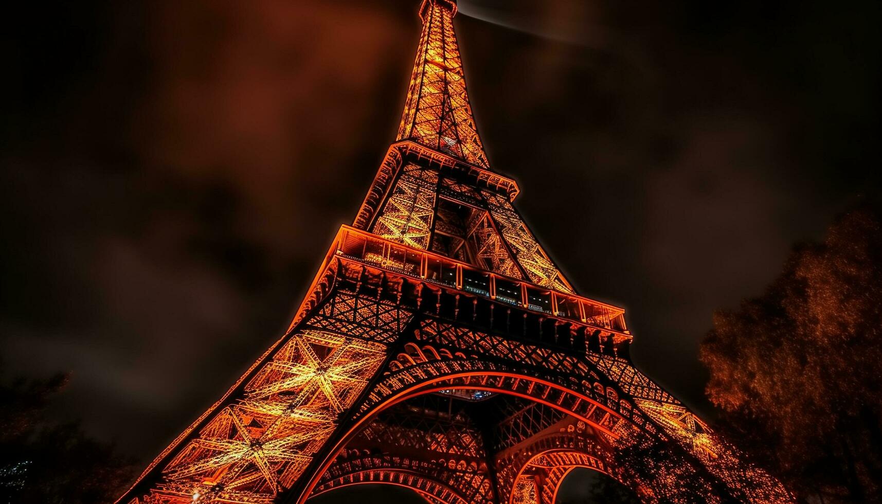 Majestic Parisian skyline illuminated by multi colored lights generated by AI photo