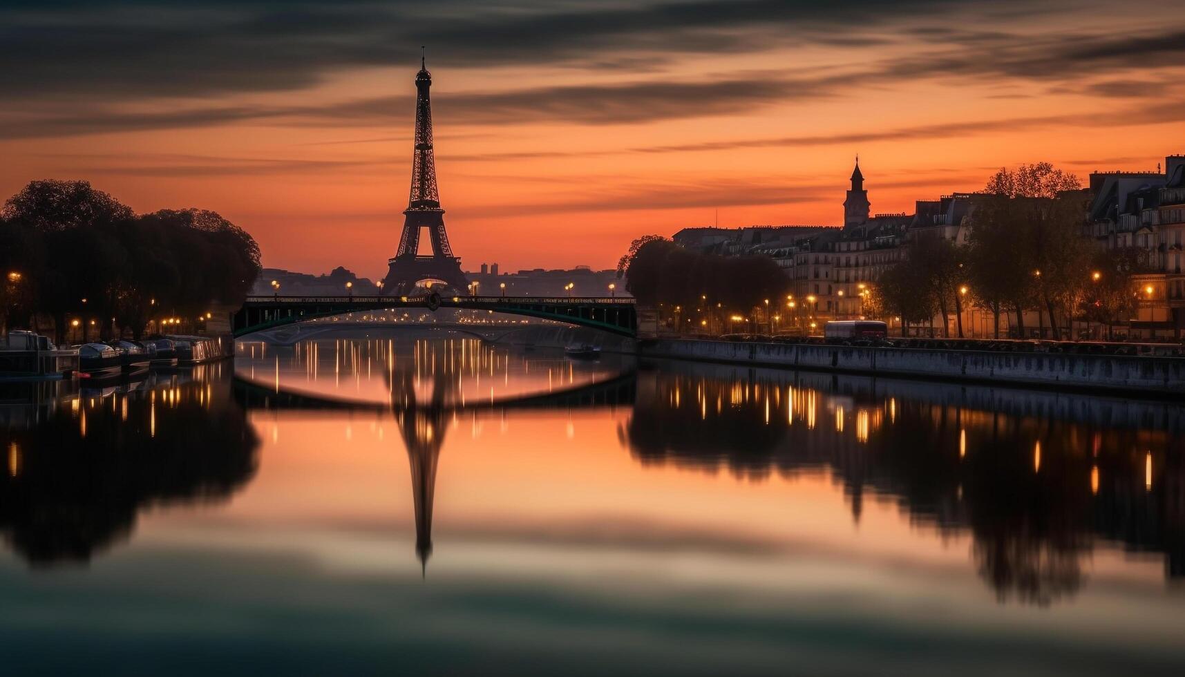 Sunset silhouette of famous bridge and skyscrapers generated by AI photo