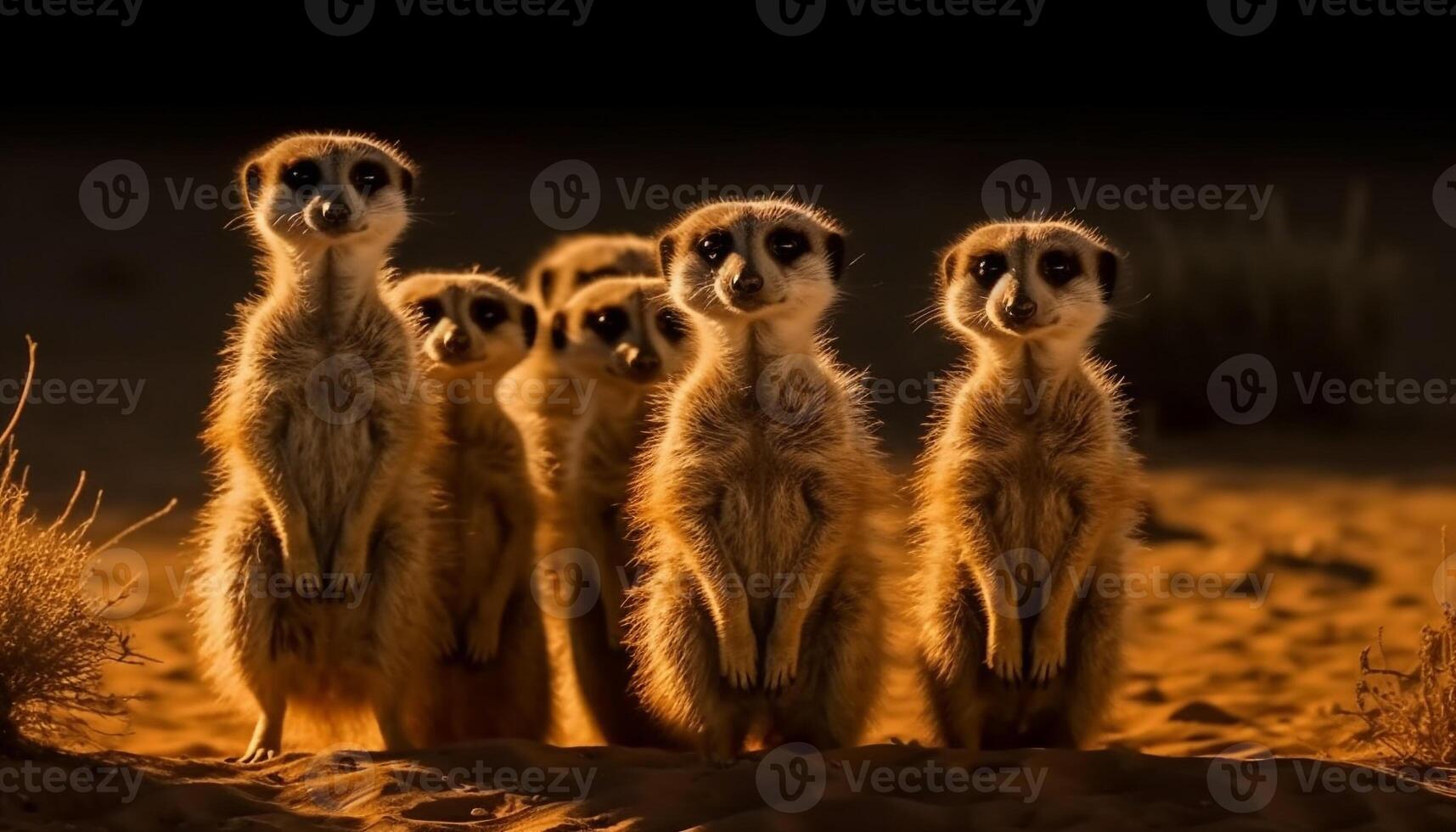 Small meerkat family sitting in a row, alert generated by AI photo