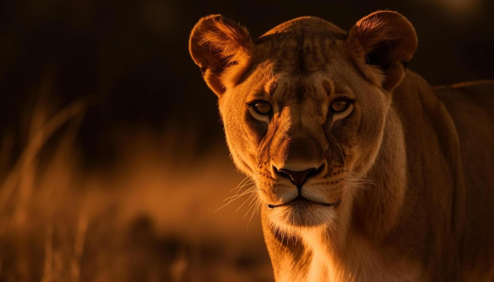 Majestic lioness staring at camera in savannah generated by AI photo